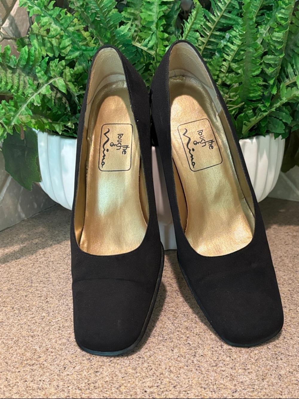 Black Suede Square-Toe Pumps by Nina